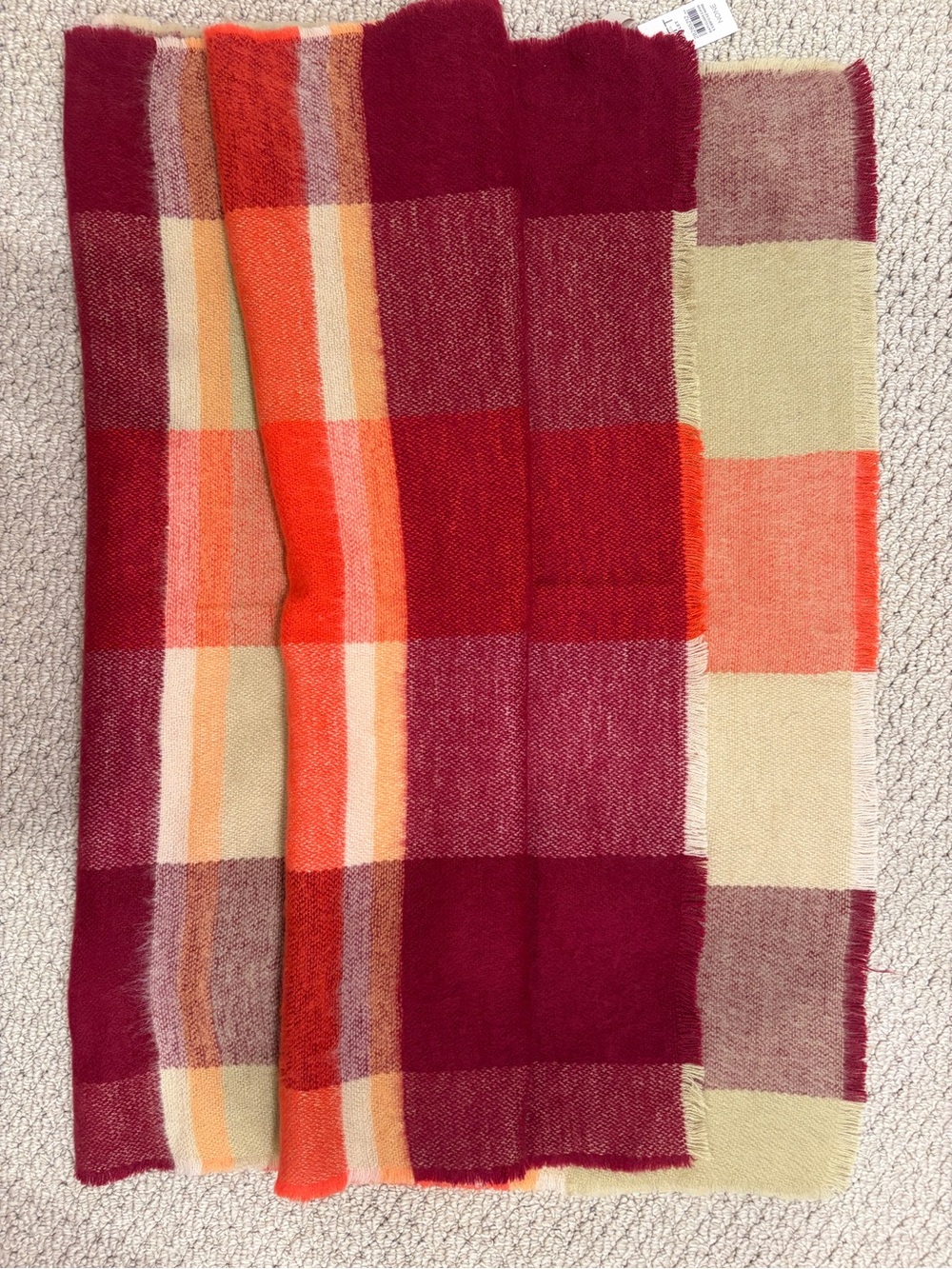 NWT LOFT Outlet Plaid Brushed Blanket Scarf Fringed Red Orange Pink